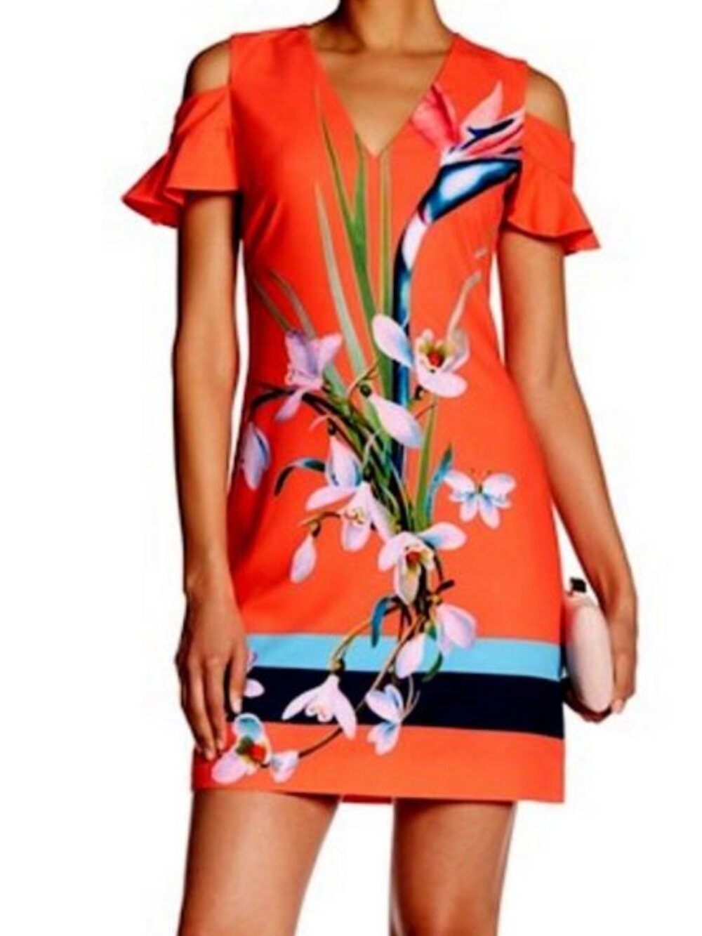 Ted Baker Leea Orange Colorful Floral Print Cold Shoulder Dress Size TB 1 V Neck